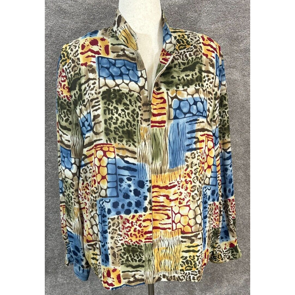 Alfred Dunner‎ Top Womens 18 Blue Multi Animal Print Bubble Hem Full Zip Blouse